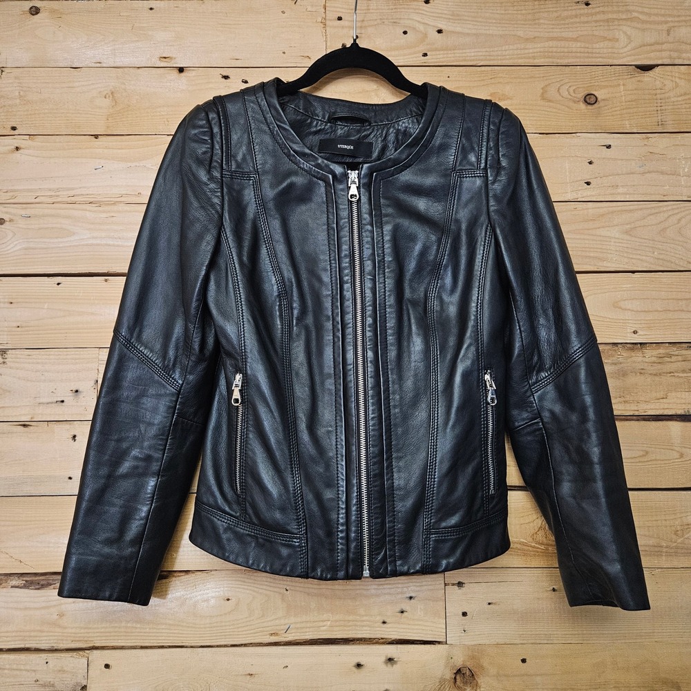 Uterque Black 100% Sheep Leather‎ Collarless Moto Jacket Size M Women's